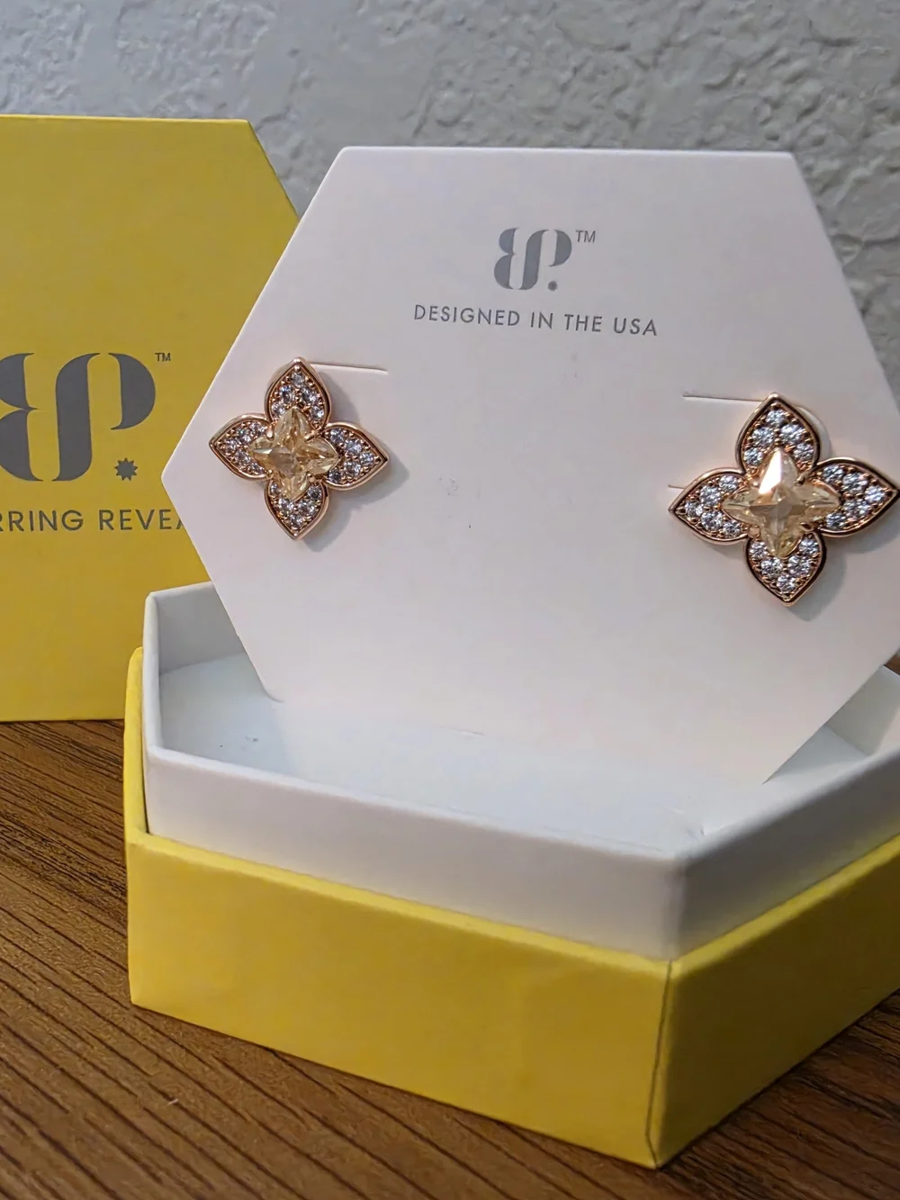 bp Rose Gold Floral Crystal Stud Earrings - Champagne Center